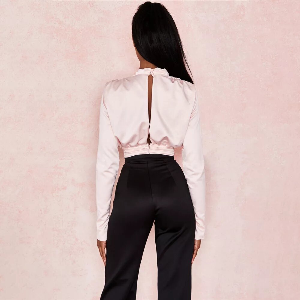 body satin rose pale plissé à épaulettes