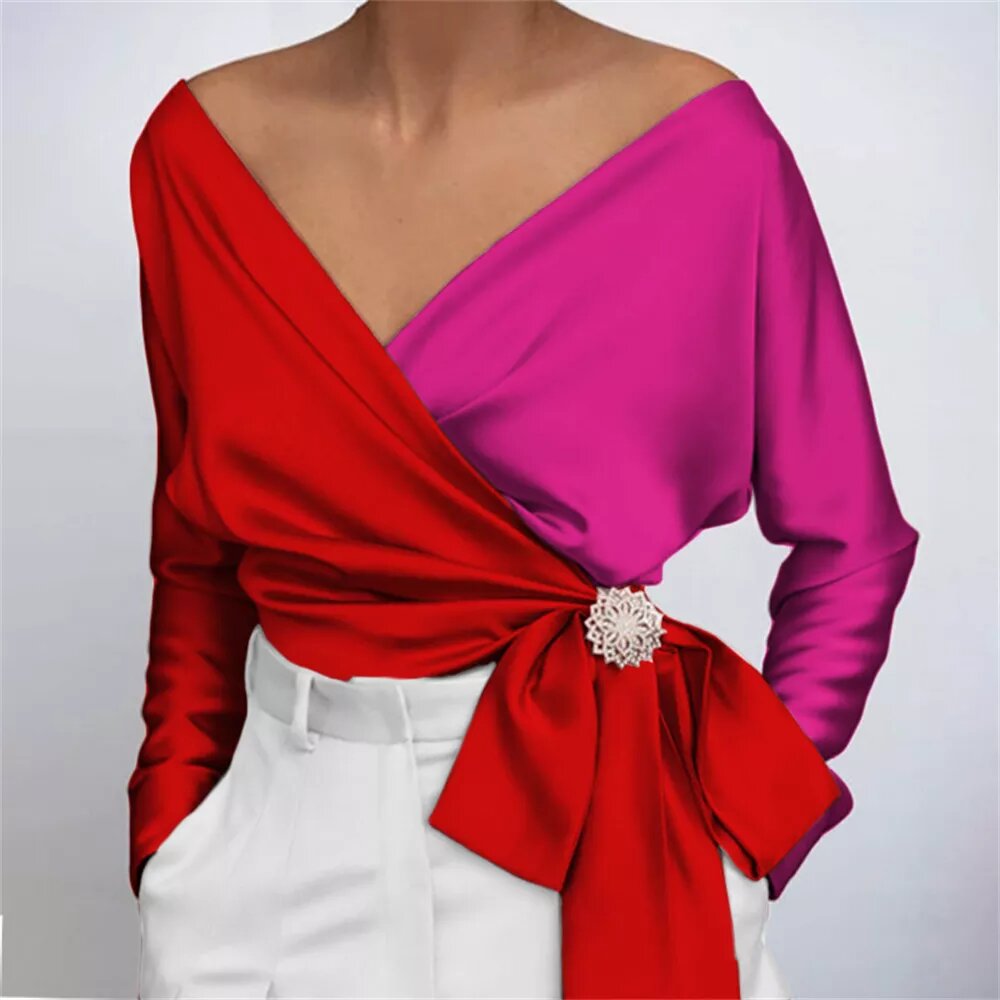 chemisier en satin portefeuille rouge et rose