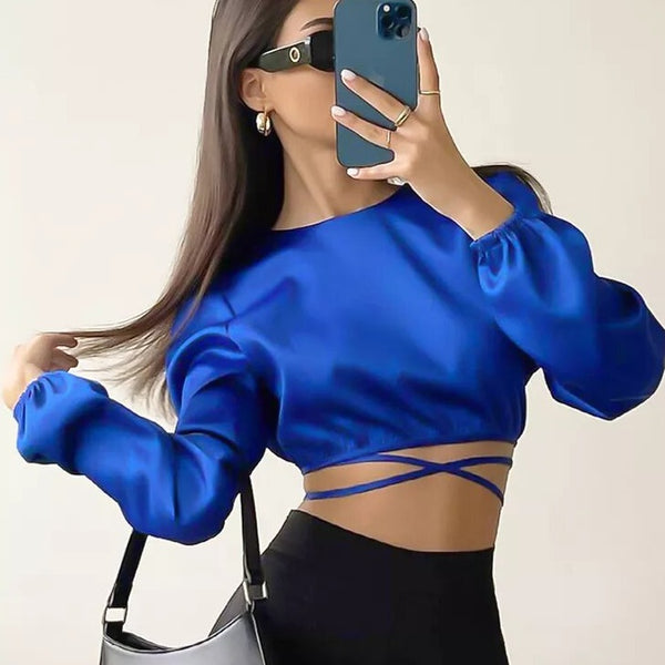 Royal Blue Satin Crop Top Blouse Duchesse 7330