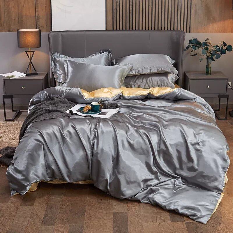 parure de lit en satin gris et jaune