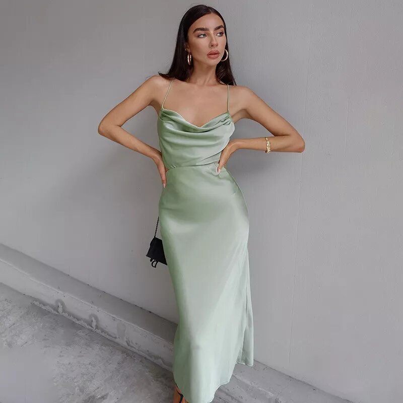 Maxi dress in pastel green satin and openwork Duchesse Maxi dress in pastel green satin and openwork Duchesse