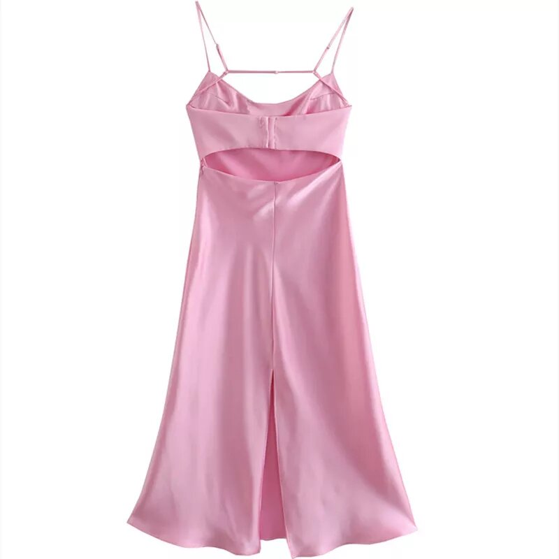 robe rose satin midi dos ajoure