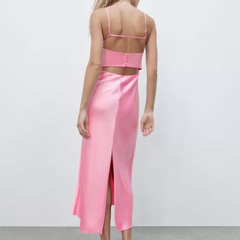 robe satin midi rose dos ajoure