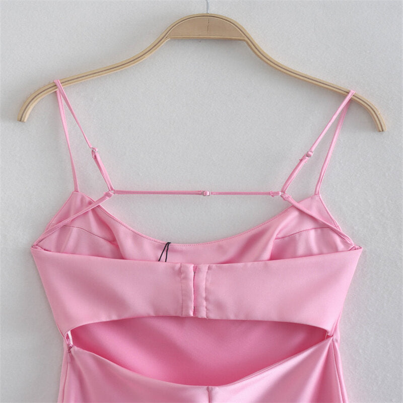 rose robe satin midi dos ajoure