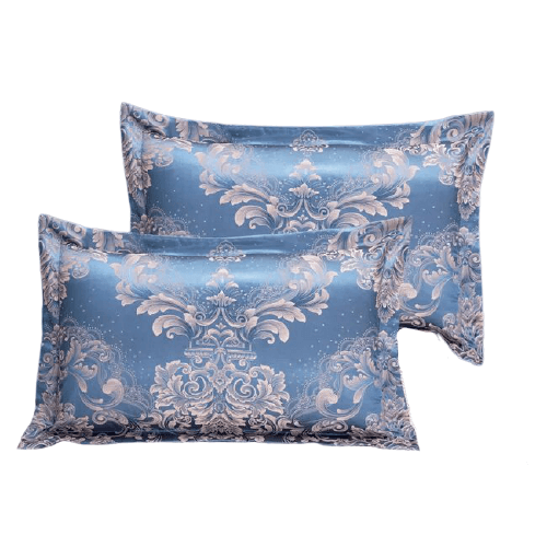 taie d'oreiller satin motif jacquard bleu et gris
