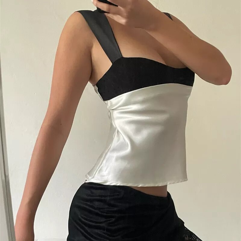 top en satin bicolore blanc et noir