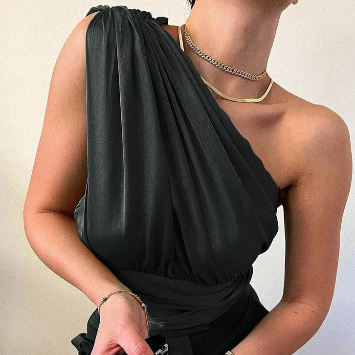 Top uni à empiècement en satin - Noir