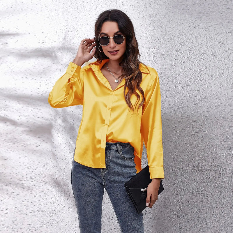 Yellow satin crossover blouse with bow