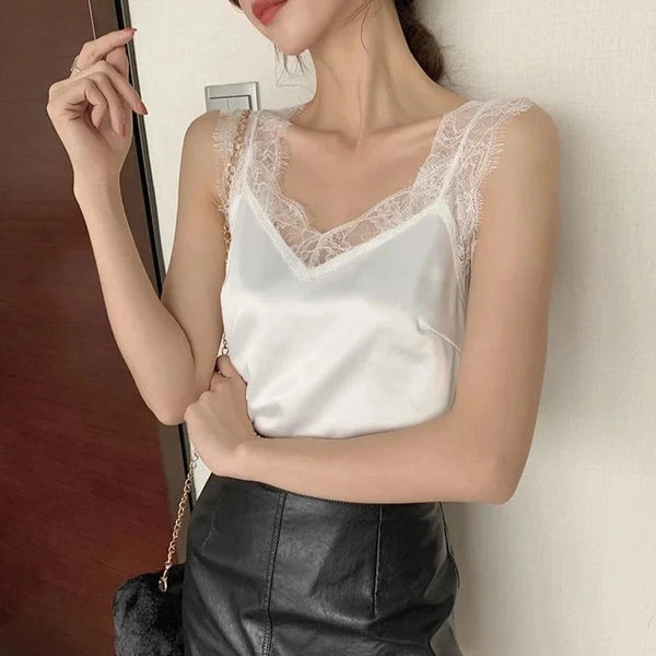 Satin tank top with white lace