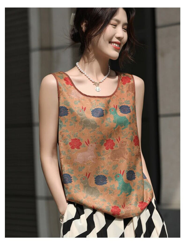 Satin tank top with colorful patterns
