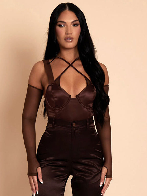 Sexy brown satin bodysuit