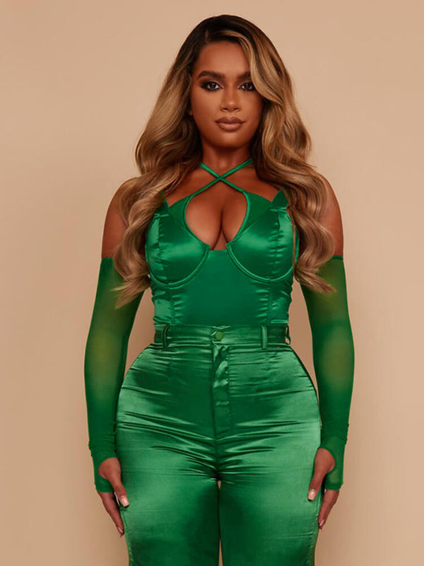 Sexy green satin bodysuit