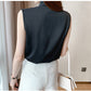 Sleeveless black satin blouse