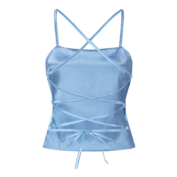 Blue satin backless top