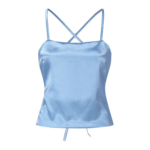 Blue satin backless top