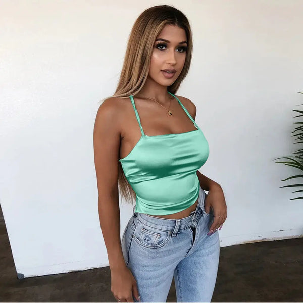 Green satin top and backless