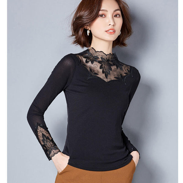 Black satin top with patterned lace