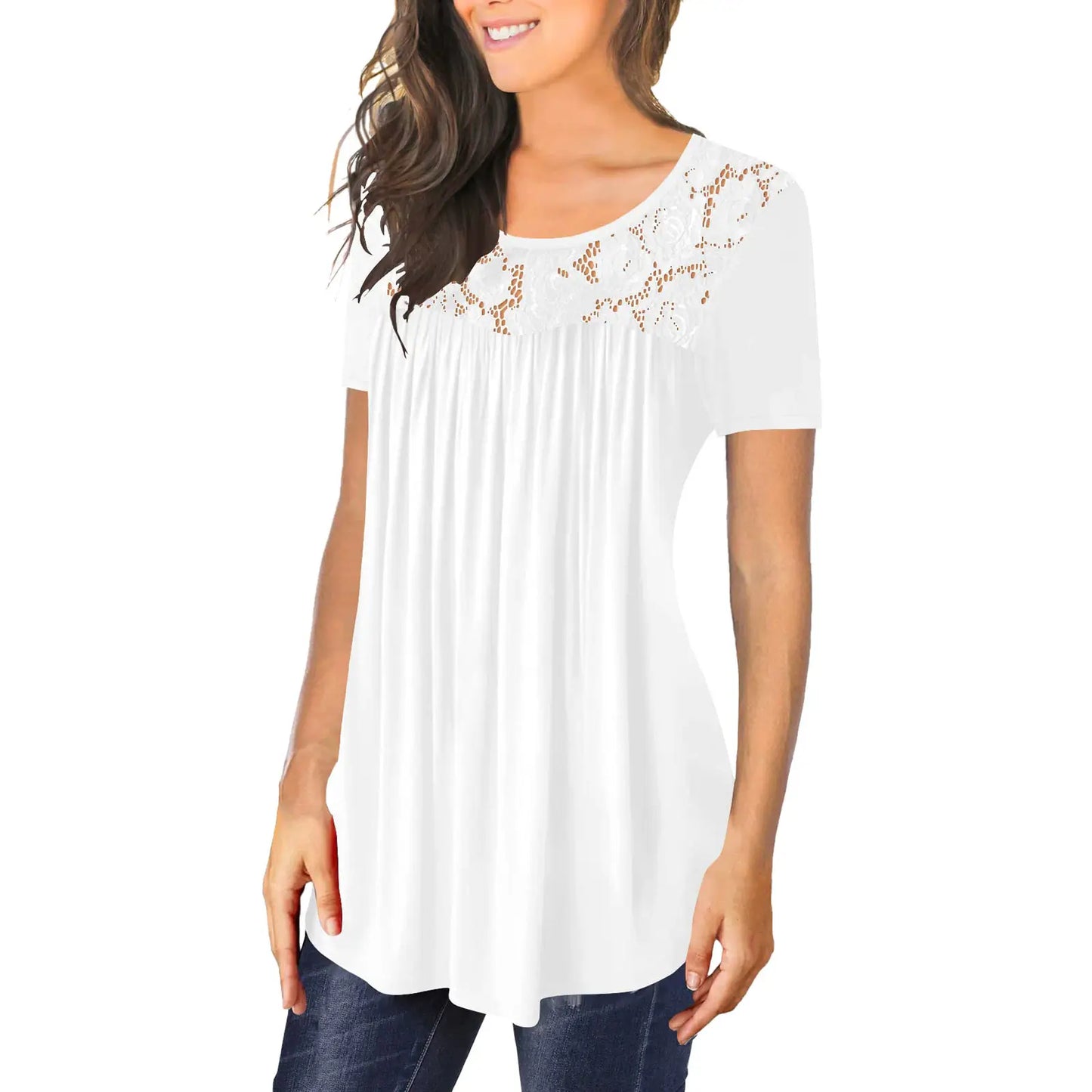 White satin top with lace at the chest