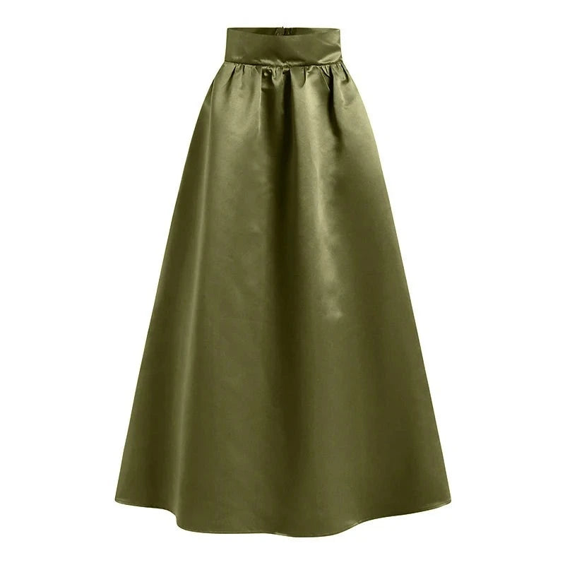 Green long trapeze satin skirt