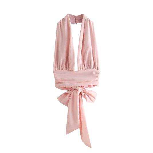 Top en satin avec dos nu et décolleté plongeant rose 