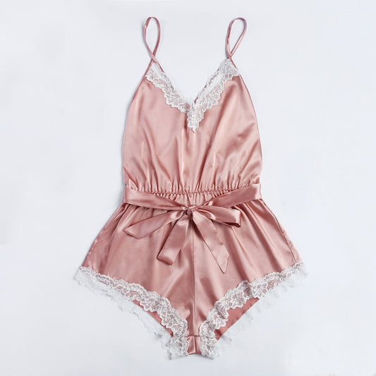 Body en satin noeud dentelle rose