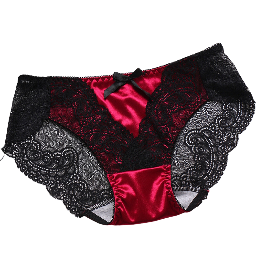 Culotte en satin à dentelle noeud rouge