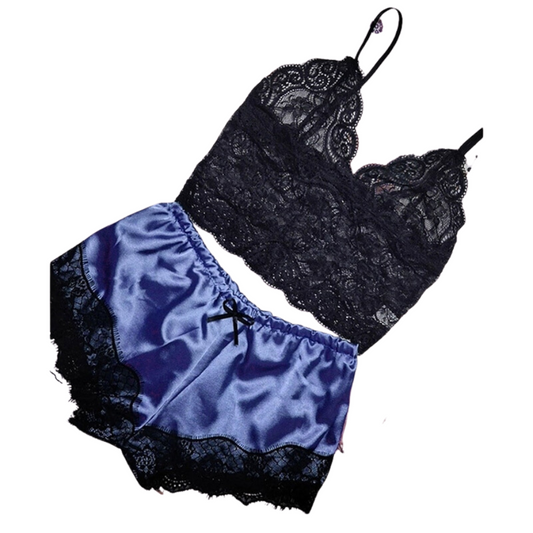 ensemble lingerie satin brodé bleu