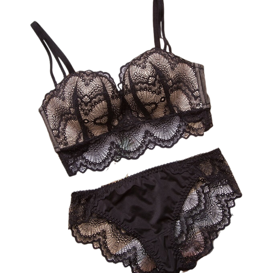 Ensemble de lingerie satin à dentelle brodé noir