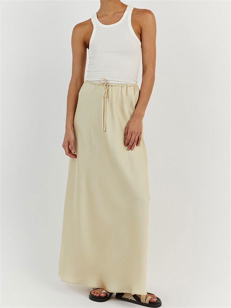 Long satin skirt with beige laces