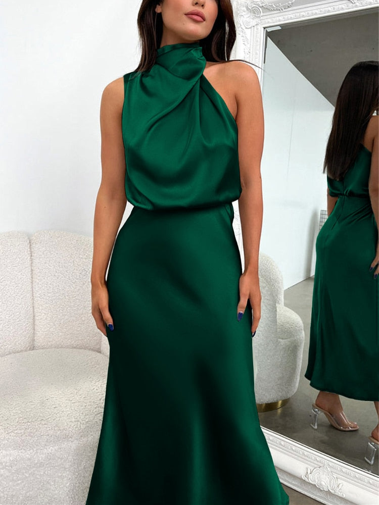 robe satin col haut sans manche vert sapin