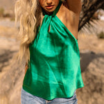Top croisé satin femme vert