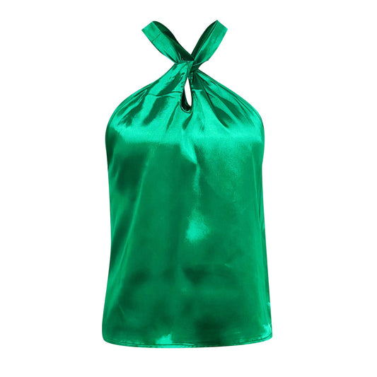 Top croisé satin femme vert