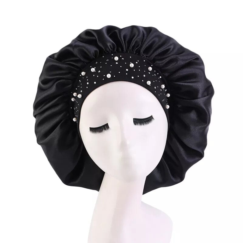 Bonnet satin pour cheveux noir perlé