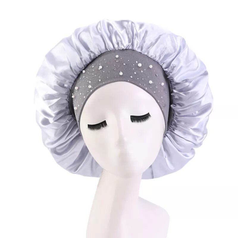 Bonnet satin pour cheveux perlé gris