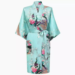 Kimono en satin Floral bleu cyan
