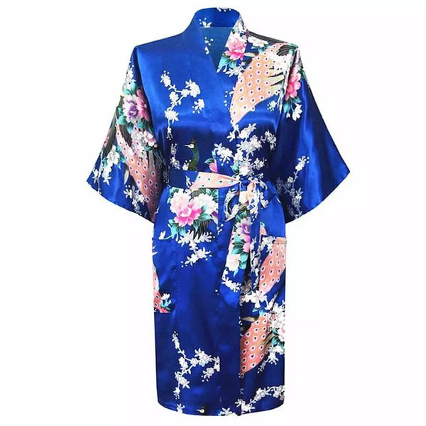 Kimono en satin Floral bleu électrique 