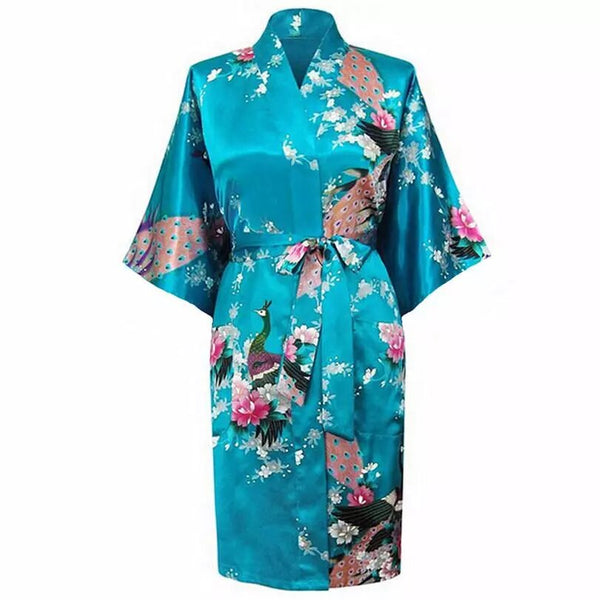 Kimono en satin Floral turquoise