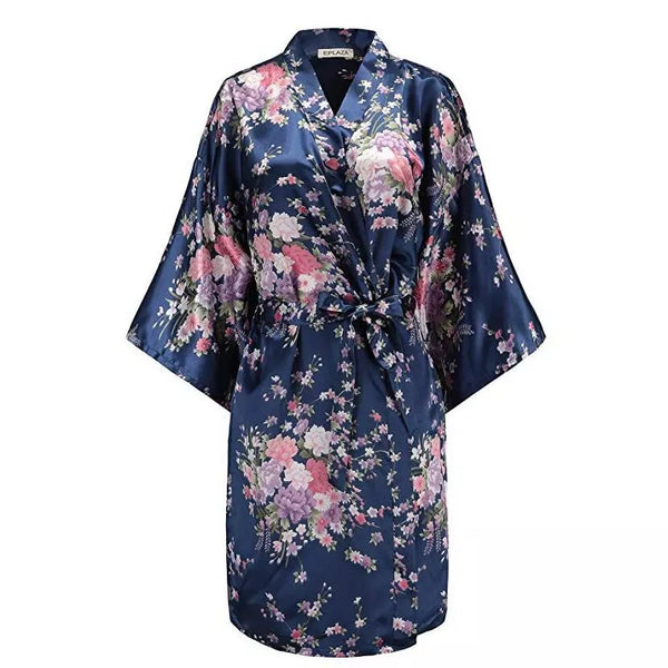 Kimono en satin Pivoine bleu marine