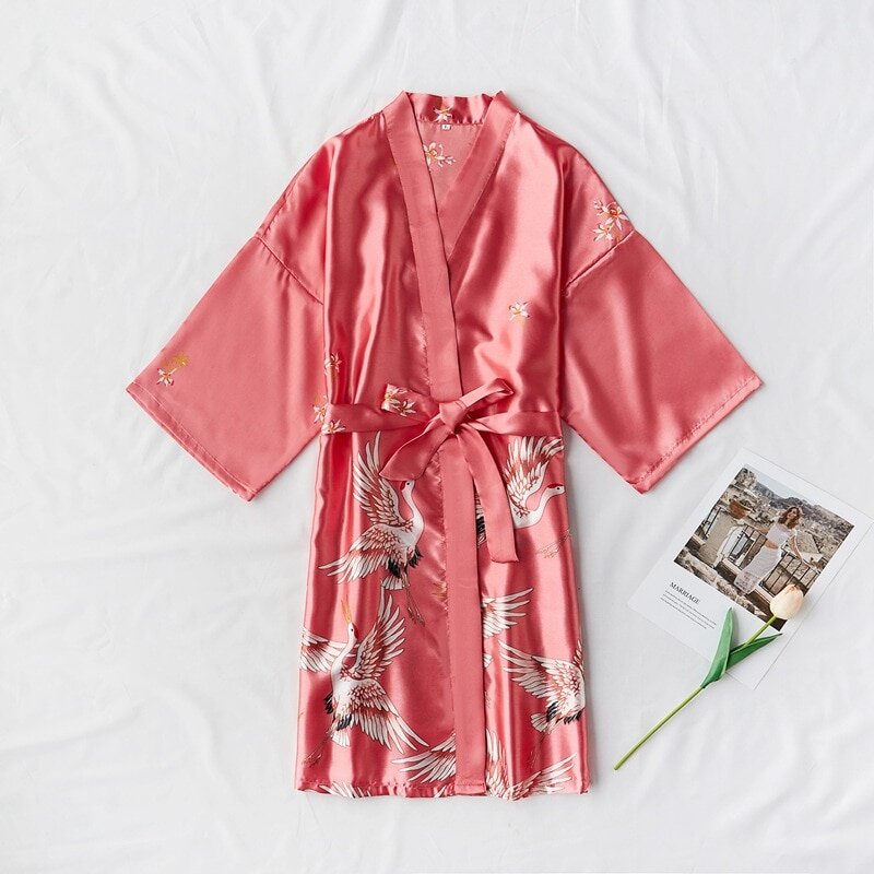 Japanese Crane Pink Satin Bathrobe 