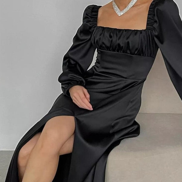 Long black satin dress with square neckline