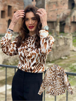 Blouse femme satin motif leopard marron