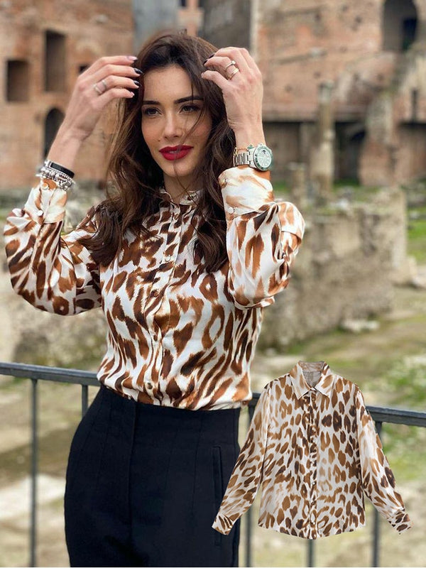 Blouse femme satin motif leopard marron