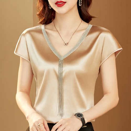 Blouse femme satin manches courtes détails dorés beige