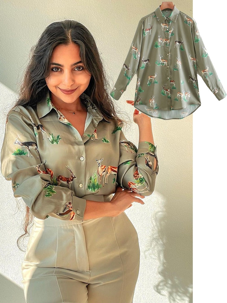 Blouse femme satin motif biche vert