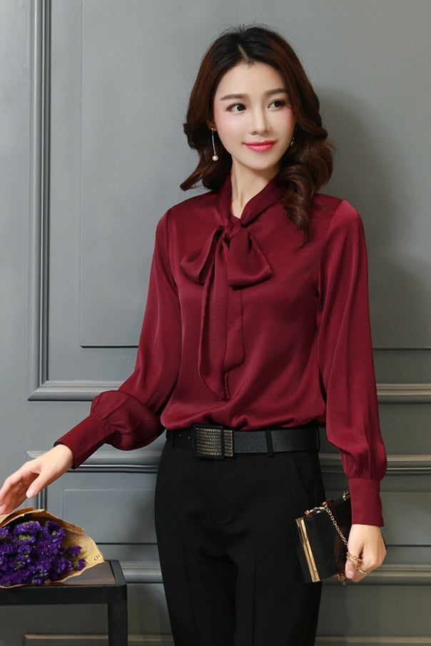 Blouse femme satin nœud bordeaux