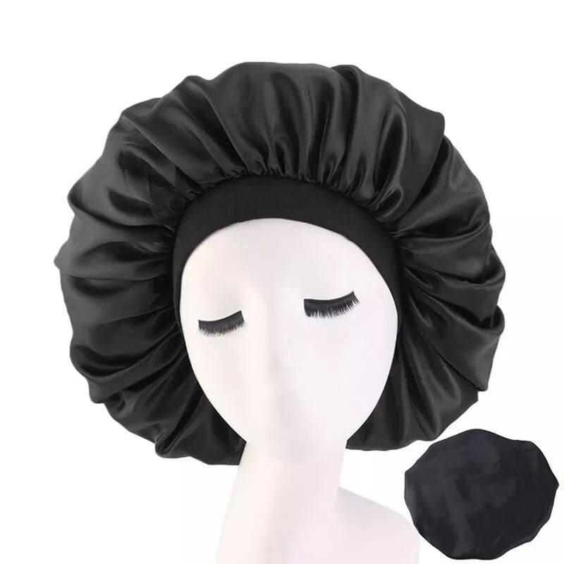 bonnet satin cheveux large noir.