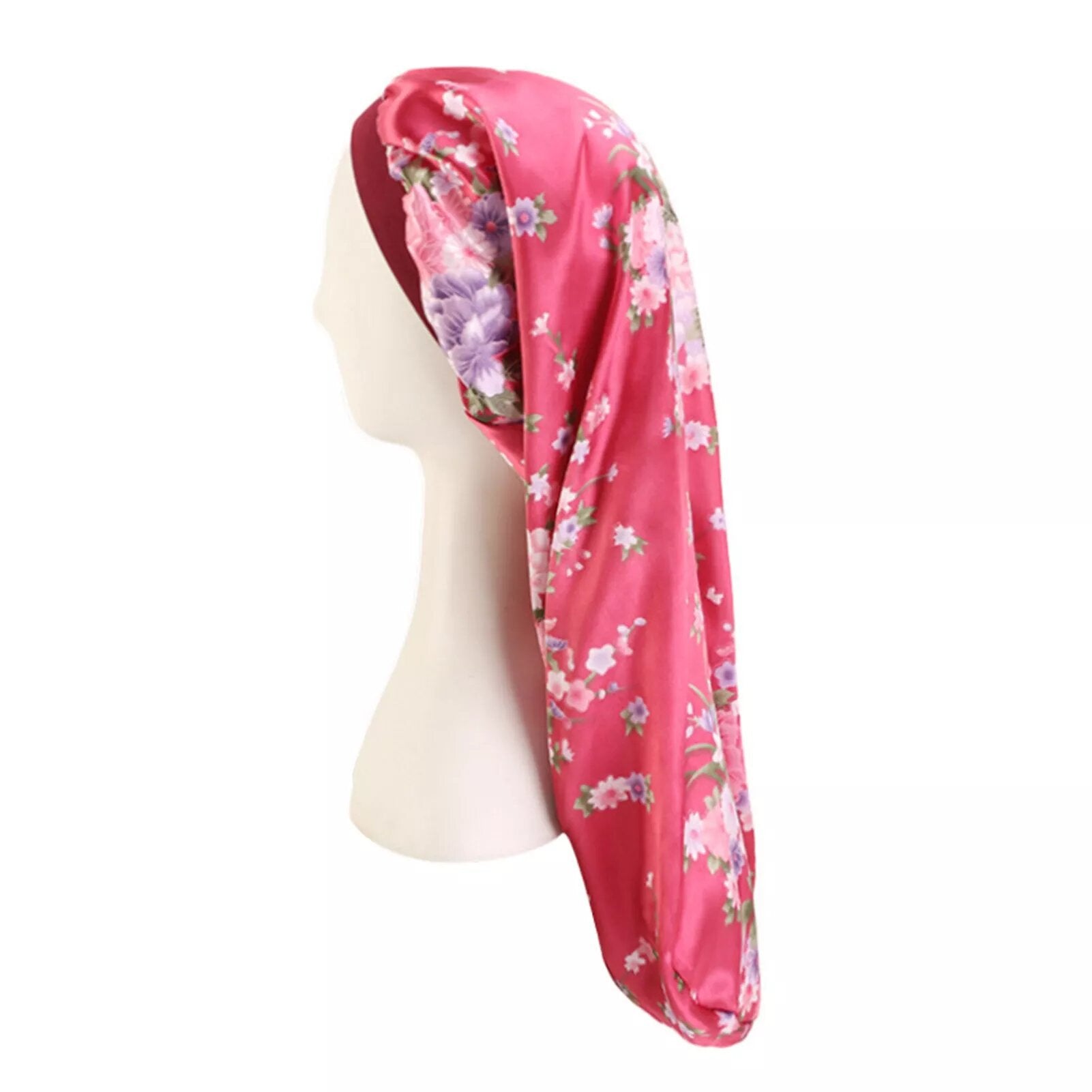 bonnet satin floral cheveux longs rouge