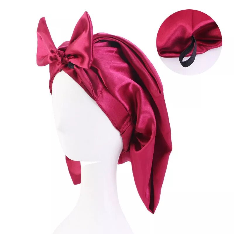 bonnet satin noué cheveux longs rouge