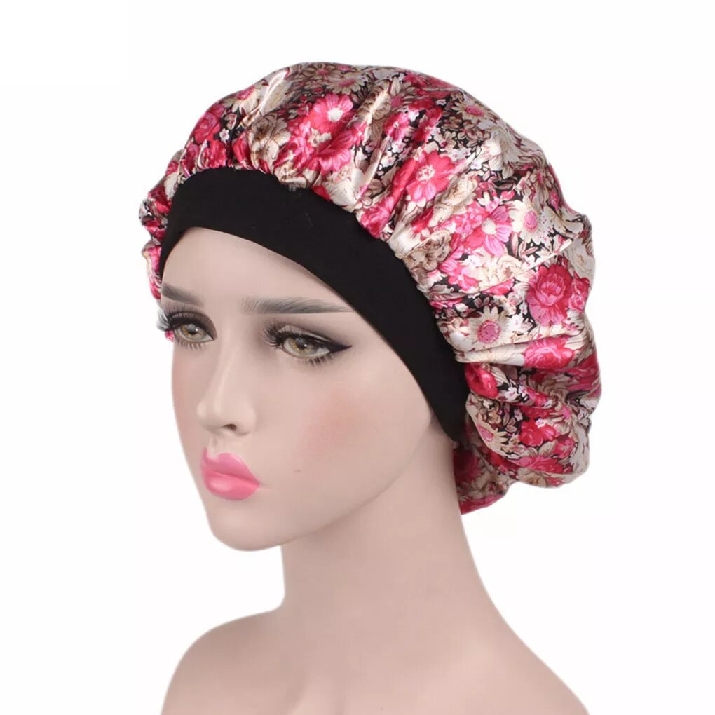 bonnet satin pour cheveux floral rose et beige