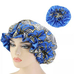bonnet satin sans elastique a motifs floraux bleu